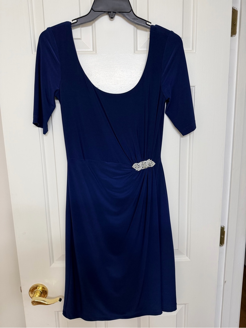 Lauren Ralph Lauren Navy Scoop-Neck Midi Dress with Brooch